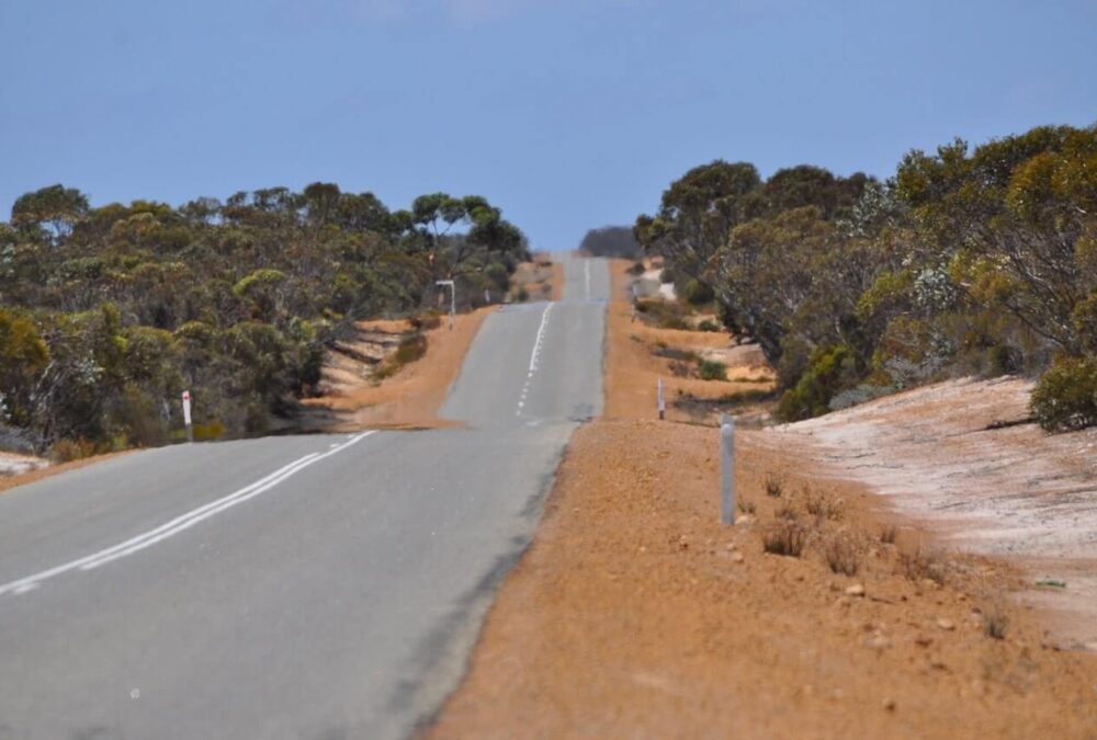 Image, long road in the Australian outback surrounded by bush