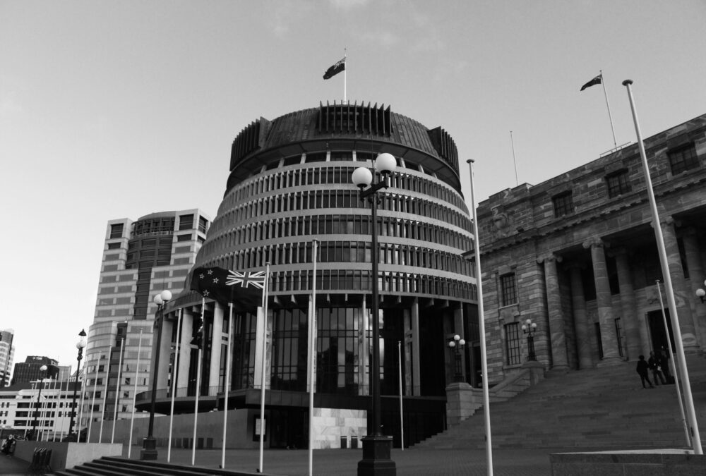 Black-and-white of the Beehive Parliament Buildings in Wellington, New Zealand.