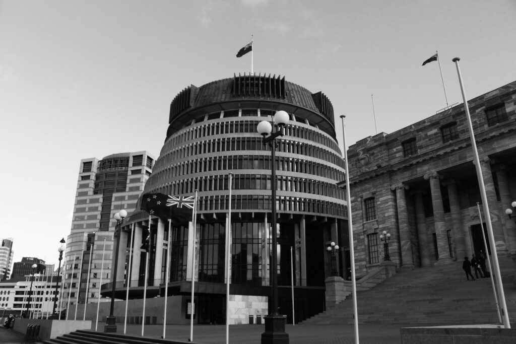 Black-and-white of the Beehive Parliament Buildings in Wellington, New Zealand.